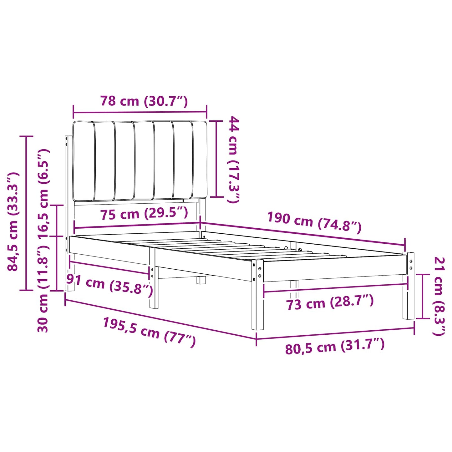 vidaXL Σκελετός Κρεβατιού με Επενδεδυμένο Κεφαλάρι Μαύρο 75 x 190 cm