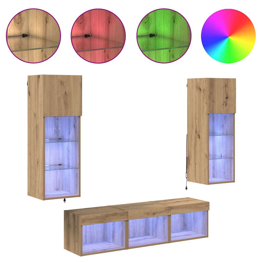 vidaXL Μονάδες Τοίχου Τηλεόρασης 5 pcs Μαύρη Οξυά Επεξεργασμένο ξύλο
