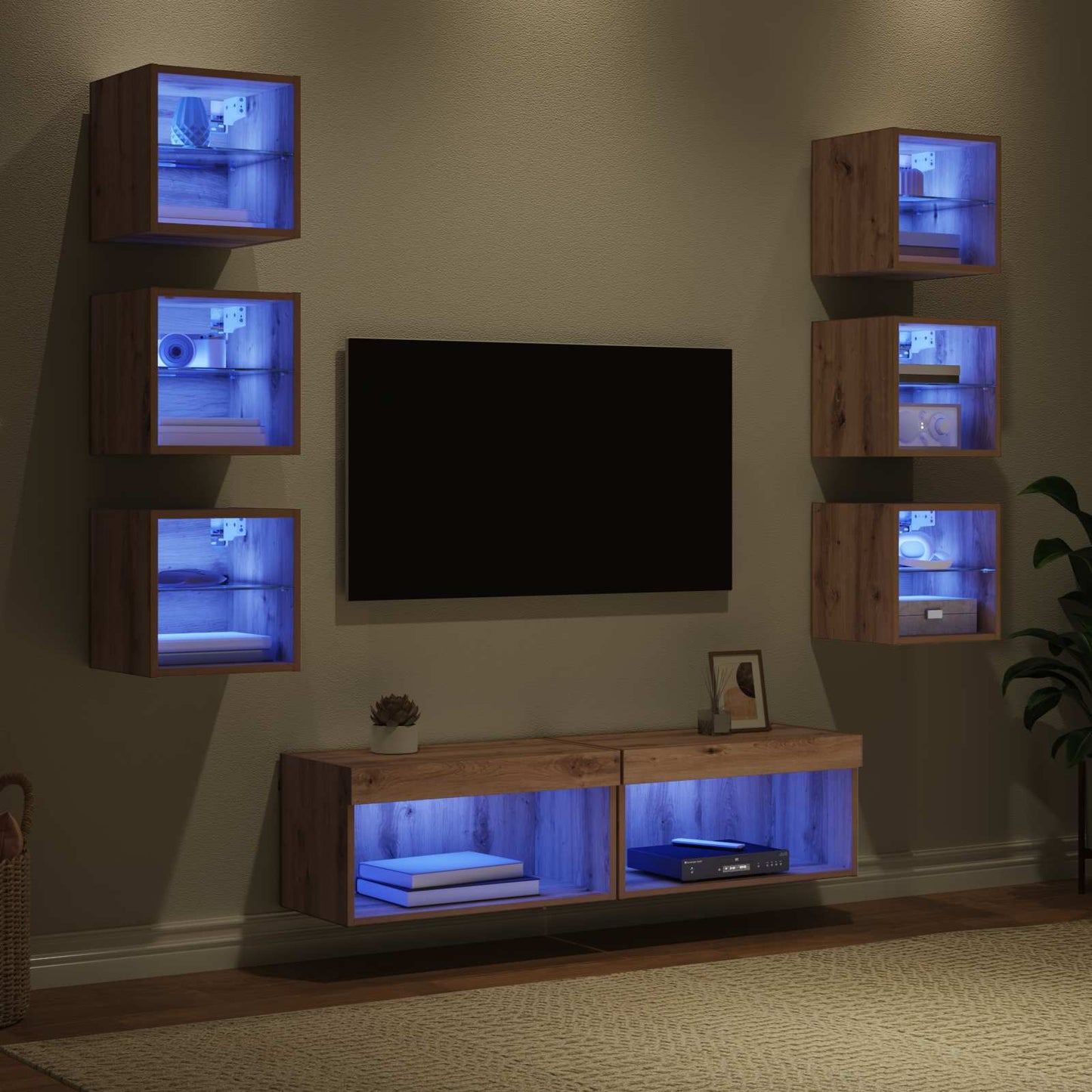 vidaXL Ντουλάπι TV με φώτα λωρίδας LED 8 pcs Artisan Oak Γυαλί
