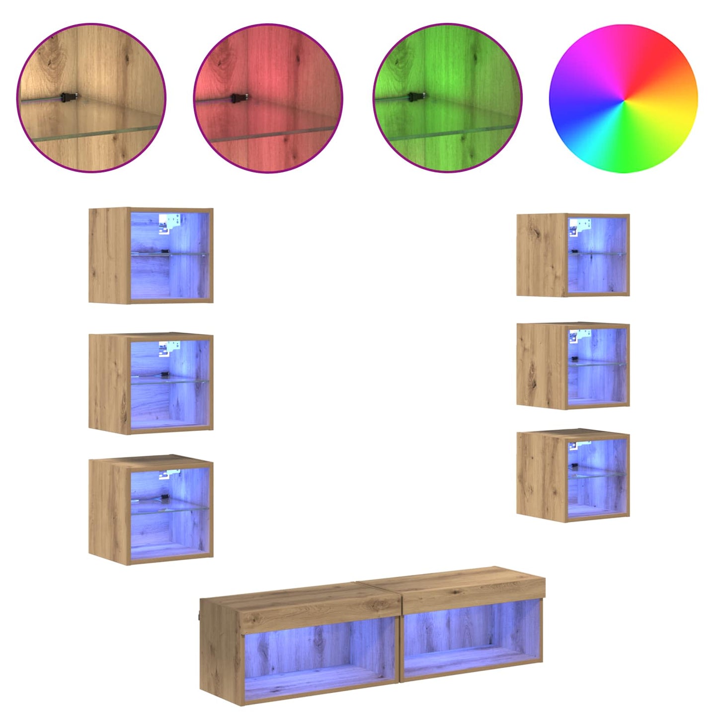 vidaXL Ντουλάπι TV με φώτα λωρίδας LED 8 pcs Artisan Oak Γυαλί