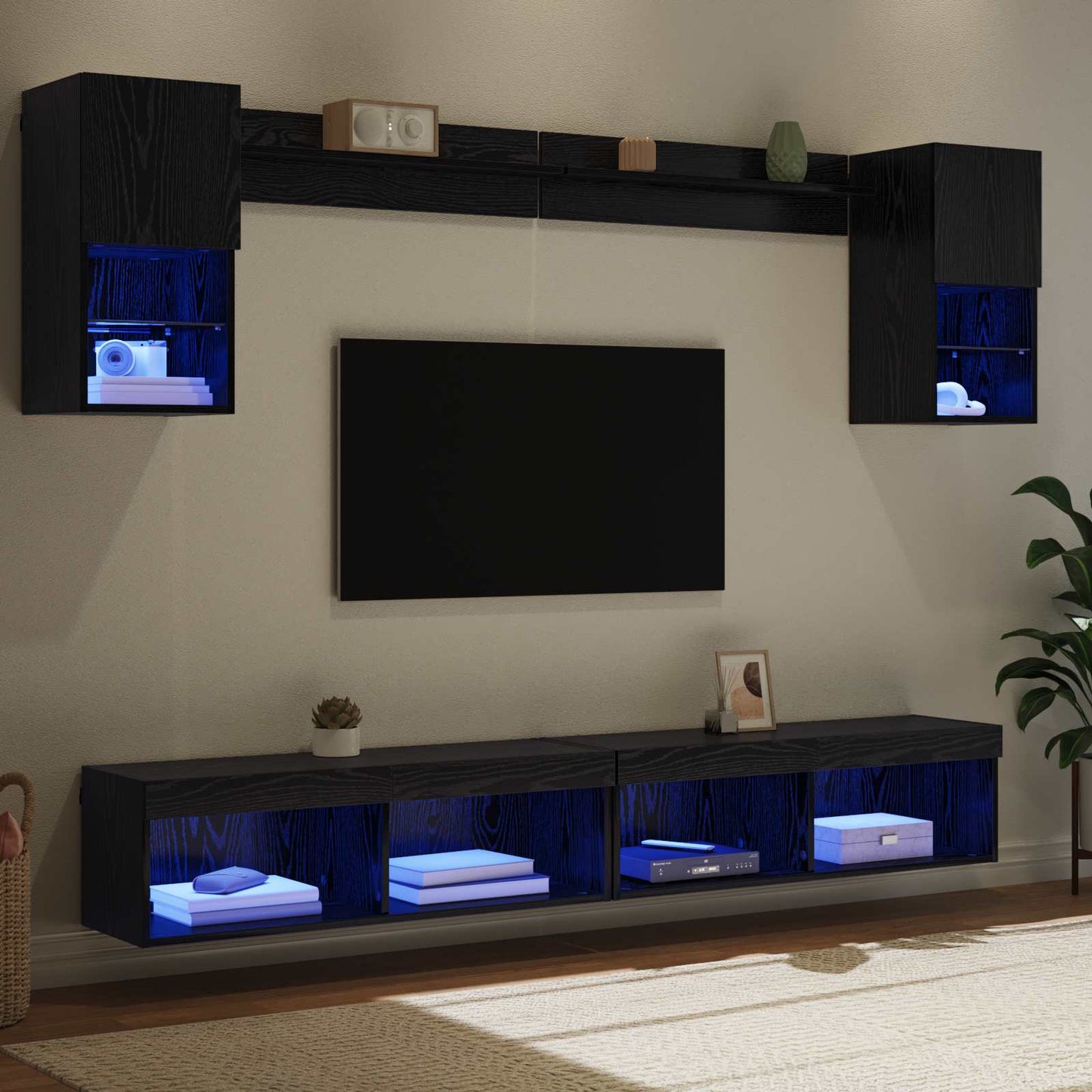 vidaXL Μονάδες Τοίχου ΤV με LED 6 τμχ. Μαύρη Οξυά Επεξεργασμένο Ξύλο