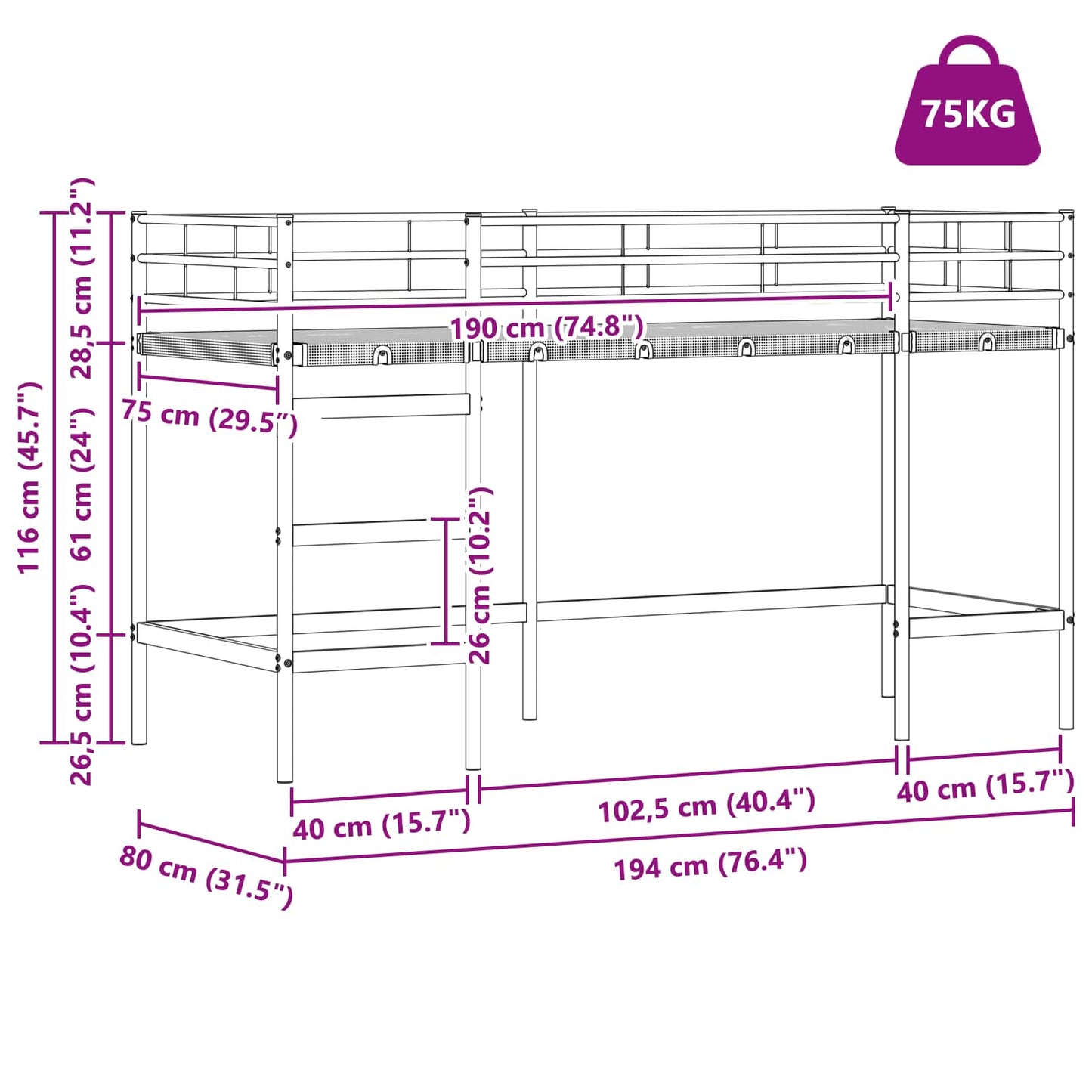 vidaXL Κρεβάτι κουκέτας για παιδιά Λευκό 74,5 x 190 εκ. Ατσάλι