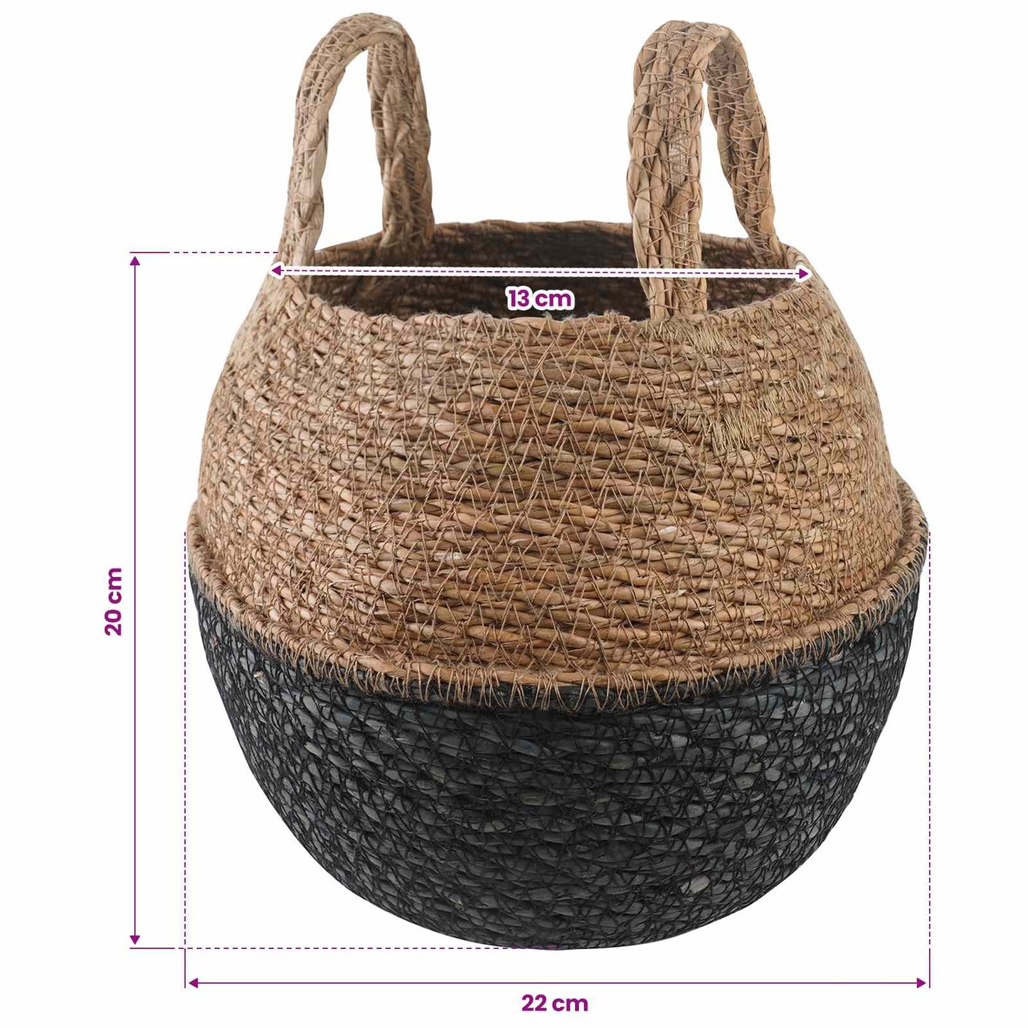 vidaXL Γλάστρα με Χερούλια Μαύρο Ø 22 x 20 cm 100% Θαλασσόχορτο