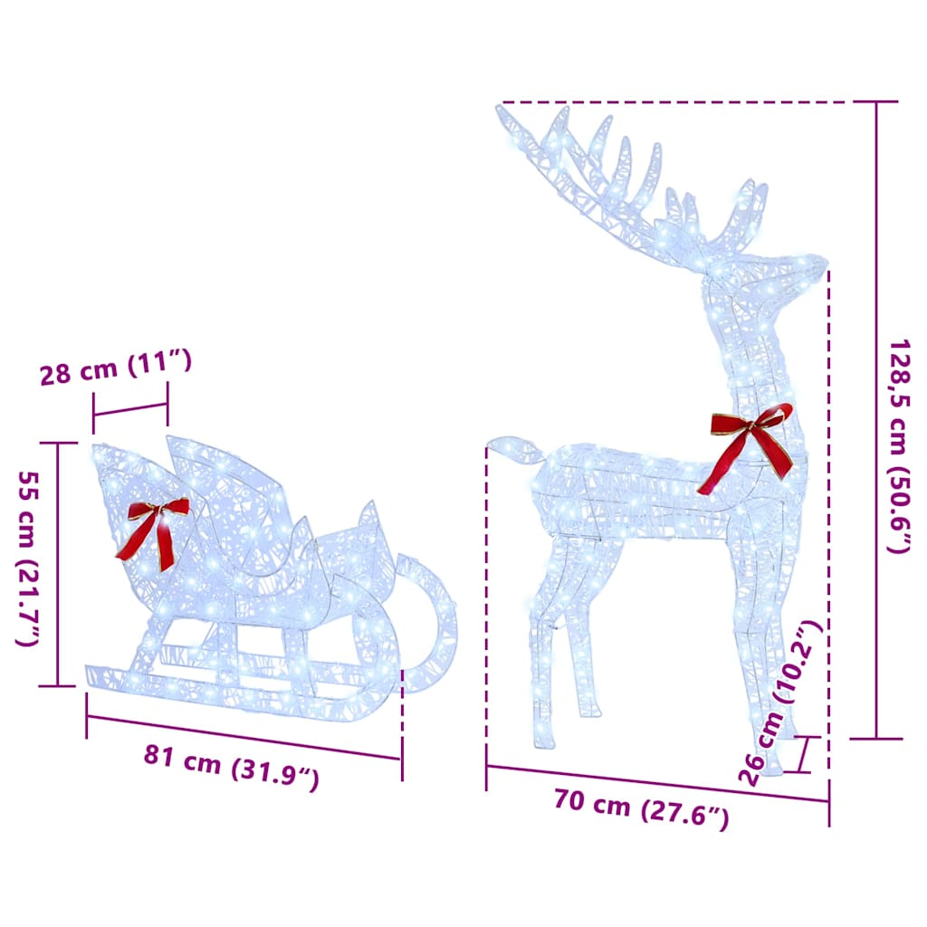 vidaXL Έλκηθρο με Ελάφια Ψυχρό λευκό 70 x 26 x 128,5 εκ Ακρυλικό