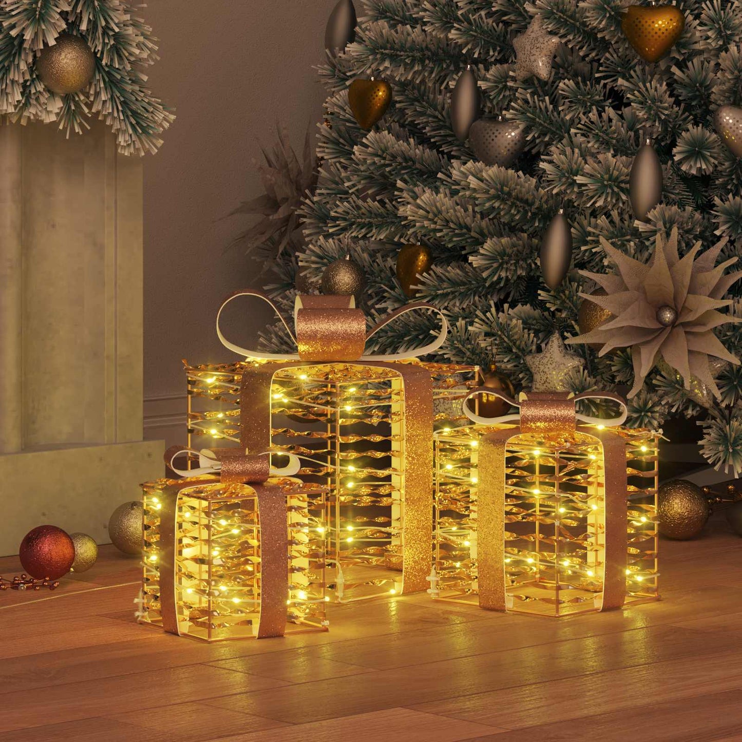 vidaXL Κουτί Δώρου με 60 LED 3 pcs Θερμό λευκό 20 x 20 x 20 εκ. PET