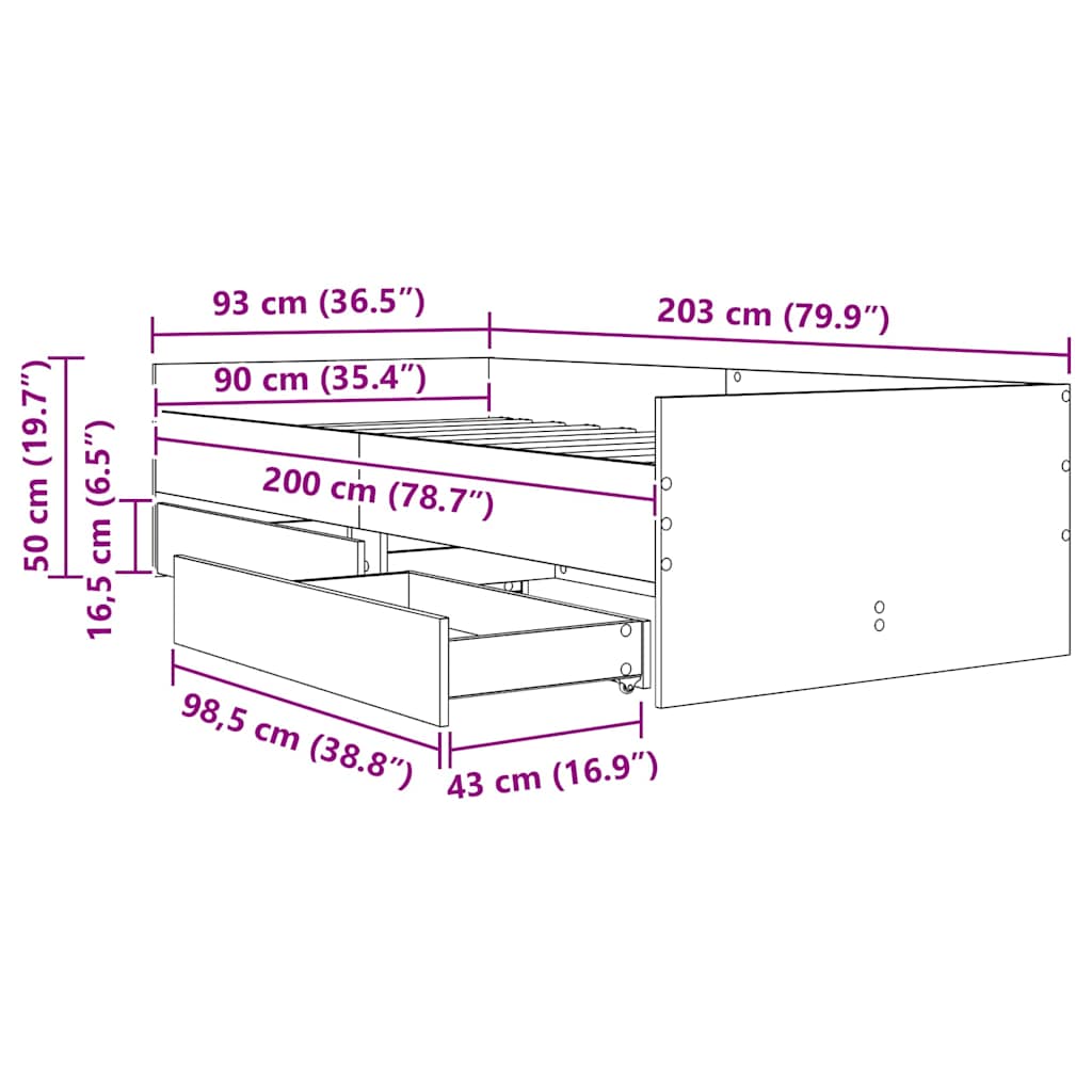 vidaXL Σκελετός Κρεβατιού Artisan Oak 90 x 200 cm Στερεά ξυλεία πεύκου