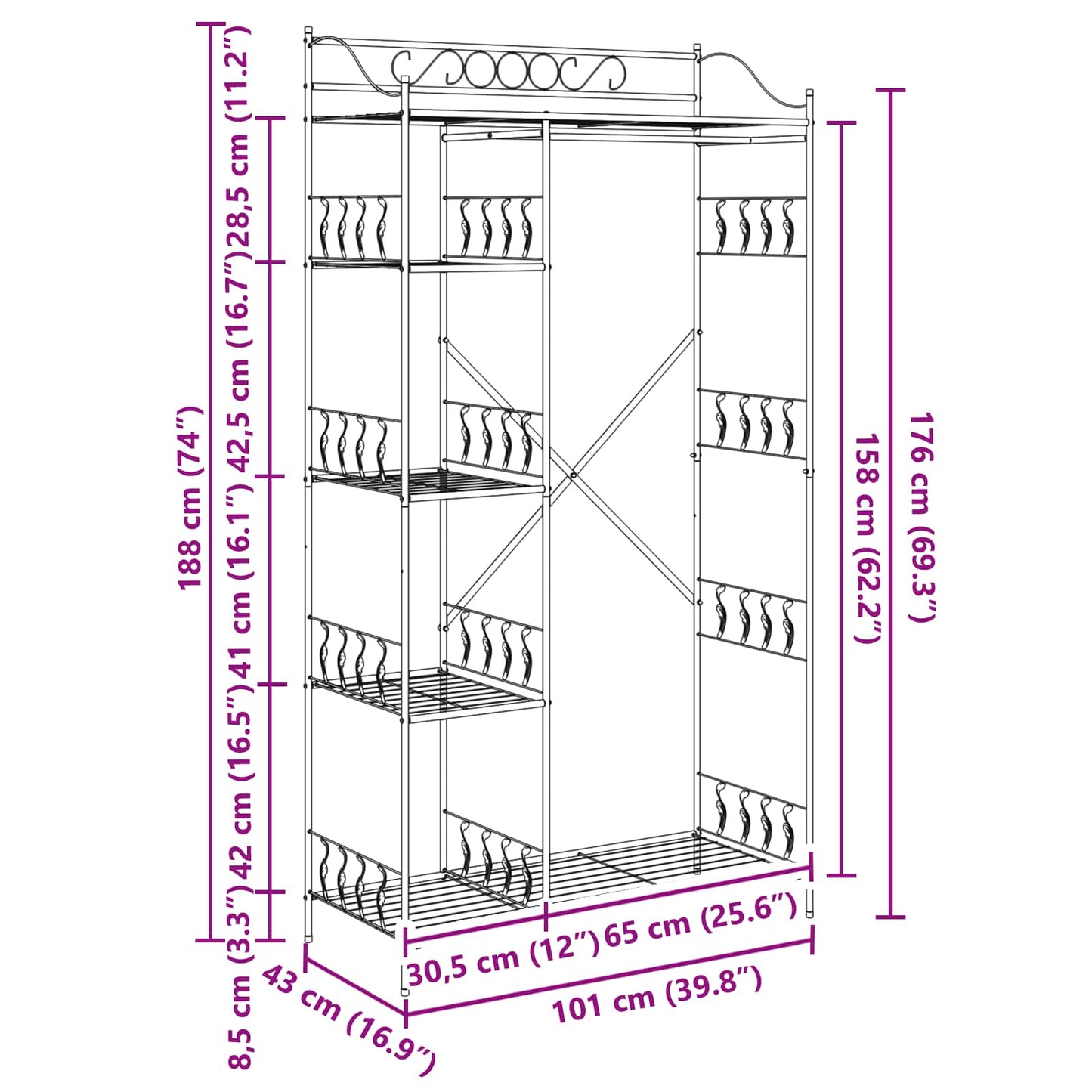 vidaXL Ανοιχτή Ντουλάπα με ράφι Μαύρο 100 x 43 x 188 εκ. Ατσάλι