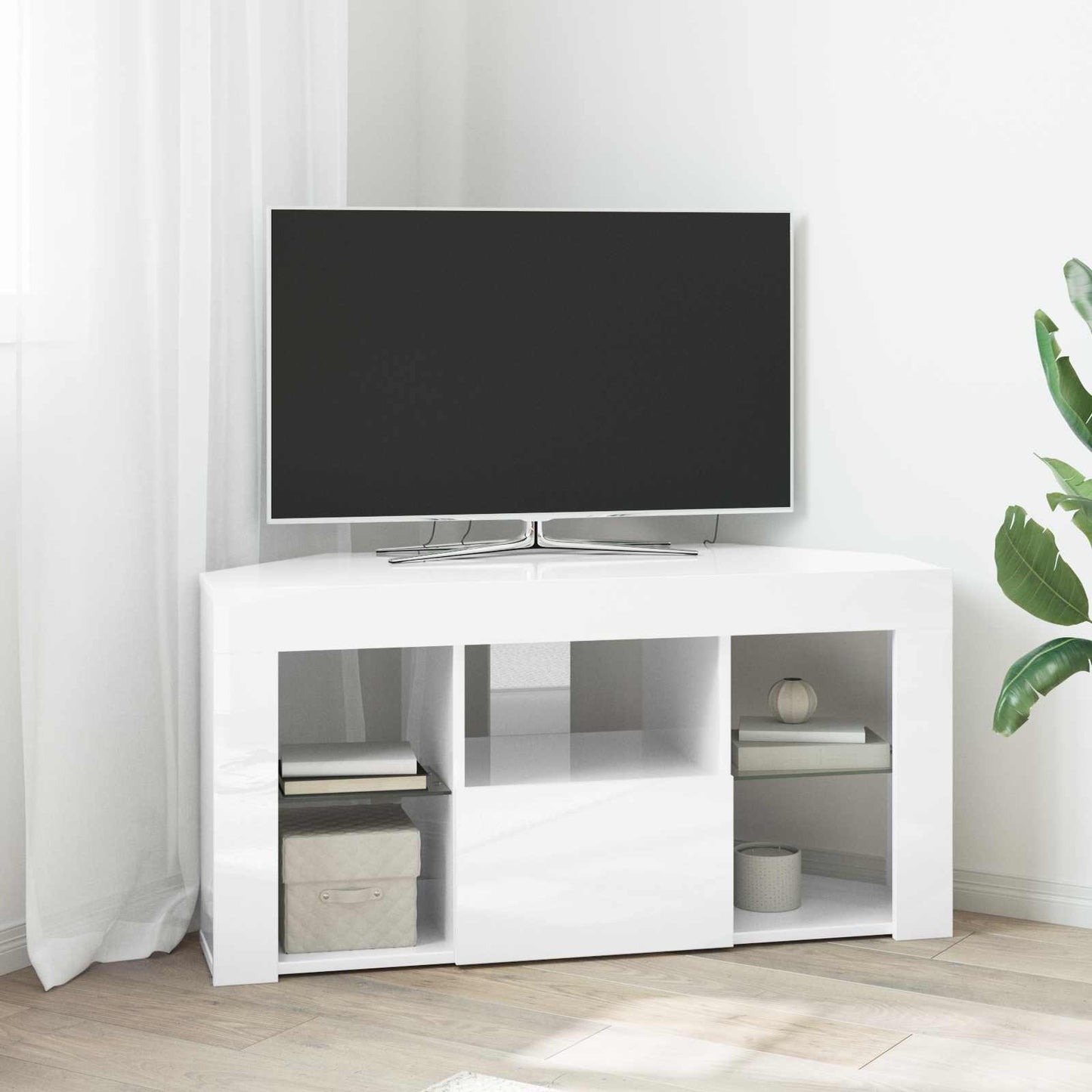 vidaXL Γωνιακός LED Τηλεοπτικός Κάμπινγκ Υψηλή γυαλιστερή Λευκή