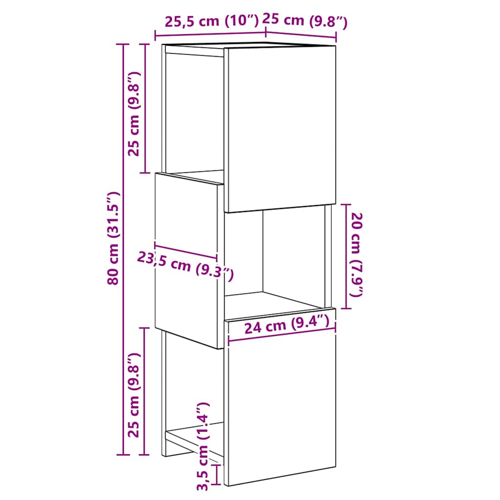 vidaXL Γωνιακό Ντουλάπι Μαύρη Οξυά 25,5x25x80εκ Επεξεργασμένο ξύλο
