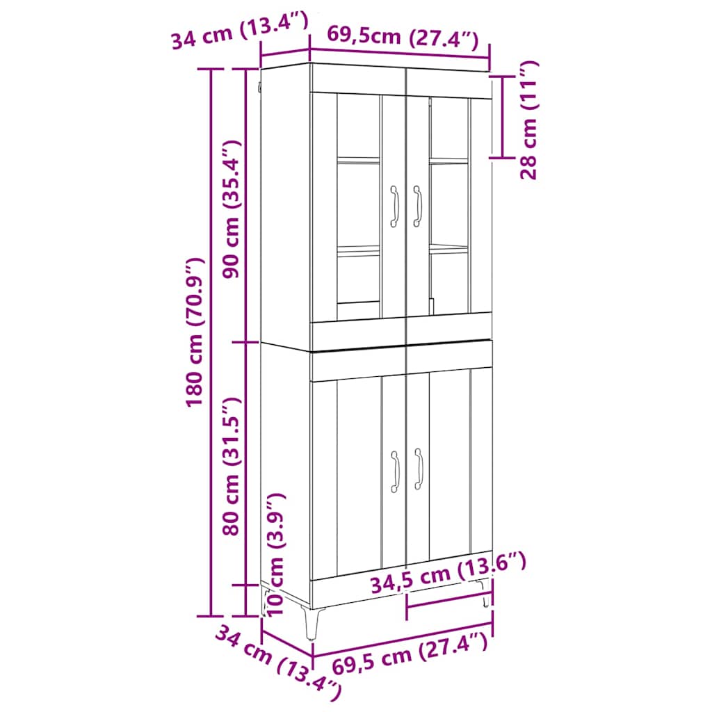 vidaXL Highboard Παλιό Ξύλο 69,5 x 34 x 180 εκ. Επεξεργασμένο ξύλο