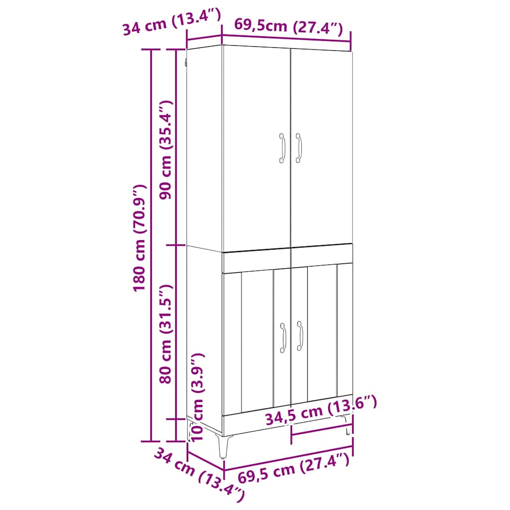 vidaXL Highboard Μαύρη Οξυά 69,5 x 34 x 180 εκ. Επεξεργασμένο ξύλο