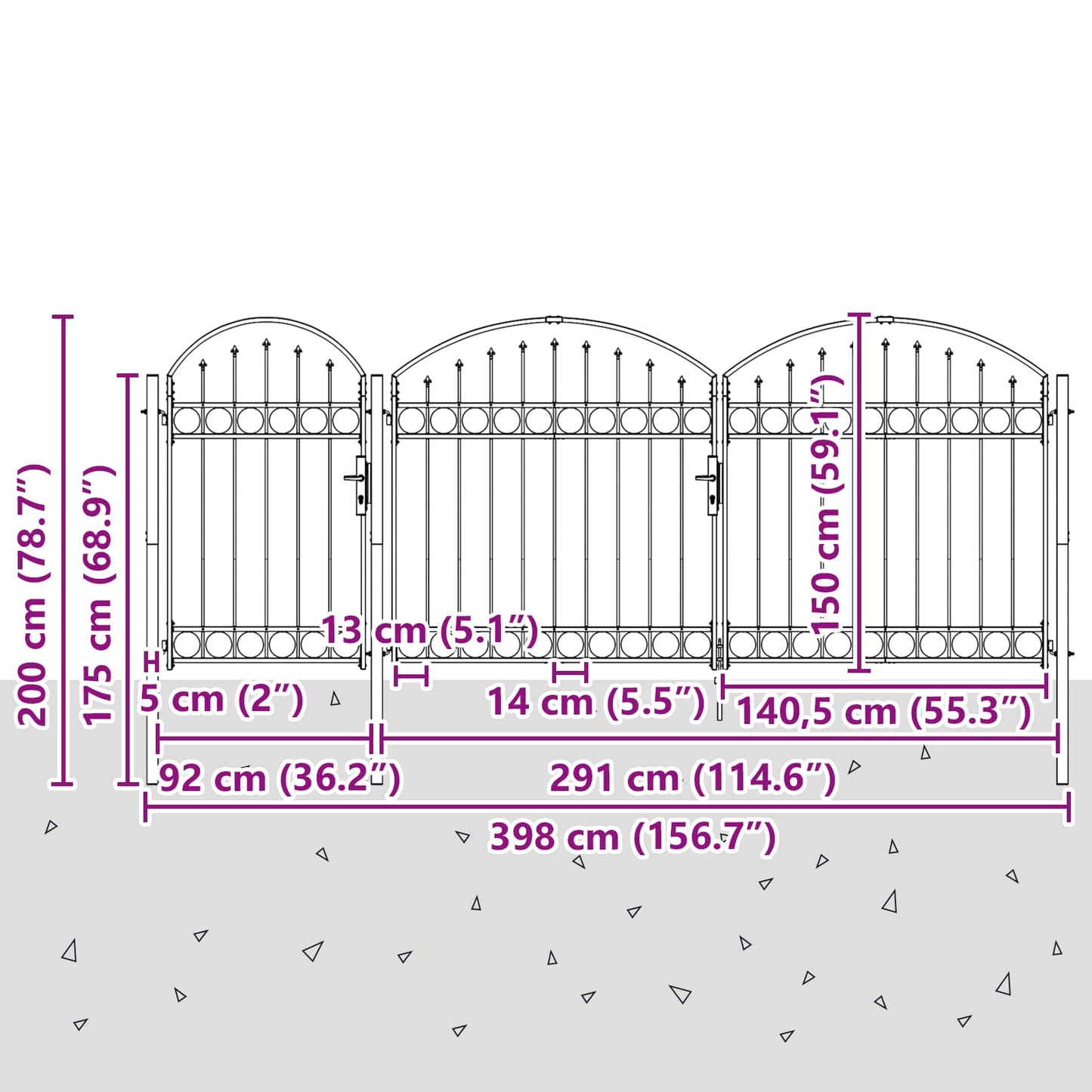 vidaXL Πύλη Κήπου με Καμπύλη Κορυφή Assen Γκρι 400 x 100 cm Ατσάλι