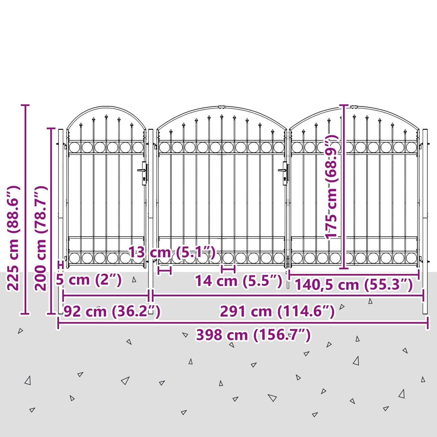 vidaXL Πύλη Κήπου με Καμπύλη Κορυφή Assen Γκρι 400 x 125 cm Ατσάλι