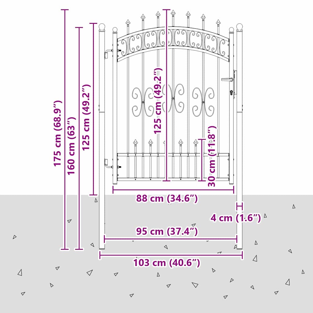 vidaXL Πύλη Φράχτη με Στρογγυλή Κορυφή Γκρι 103 x 175 cm Ατσάλι