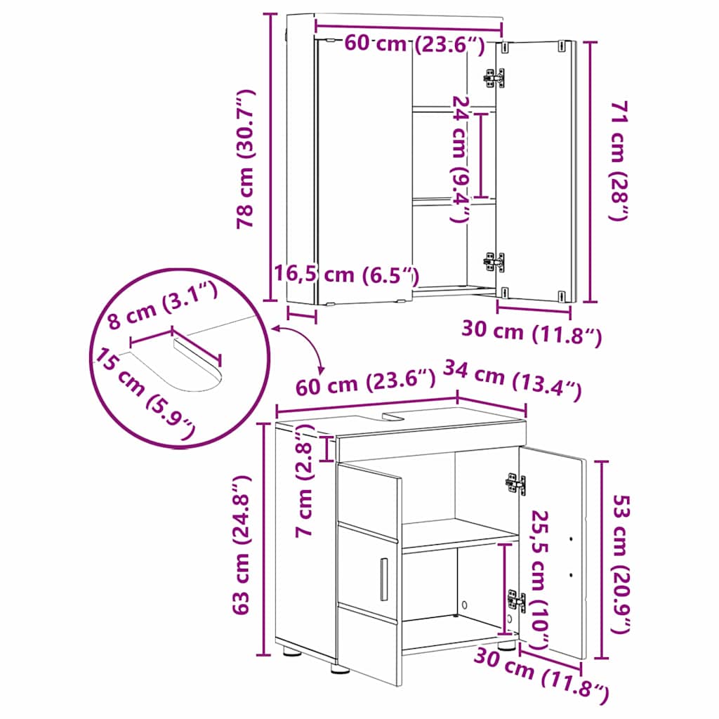vidaXL Σετ Επίπλων Μπάνιου TULUM 3 τμχ. Δρύς Sonoma 60 x 34 x 63 εκ