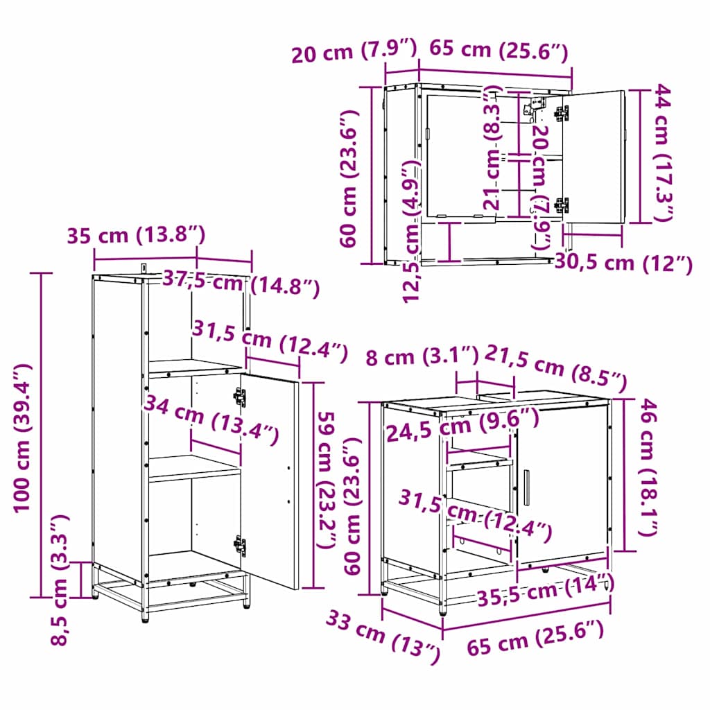 vidaXL Σετ Επίπλων Μπάνιου 3 pcs Artisan Oak Επεξεργασμένο ξύλο