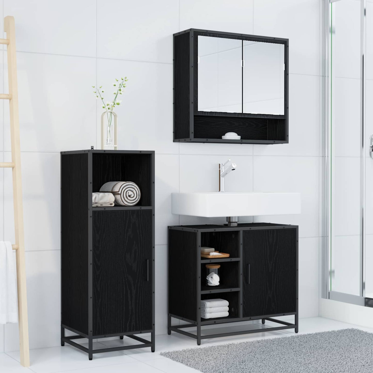 vidaXL Σετ Επίπλων Μπάνιου 3 τμχ. Μαύρη Οξυά 35 x 37,5 x 100 εκ.
