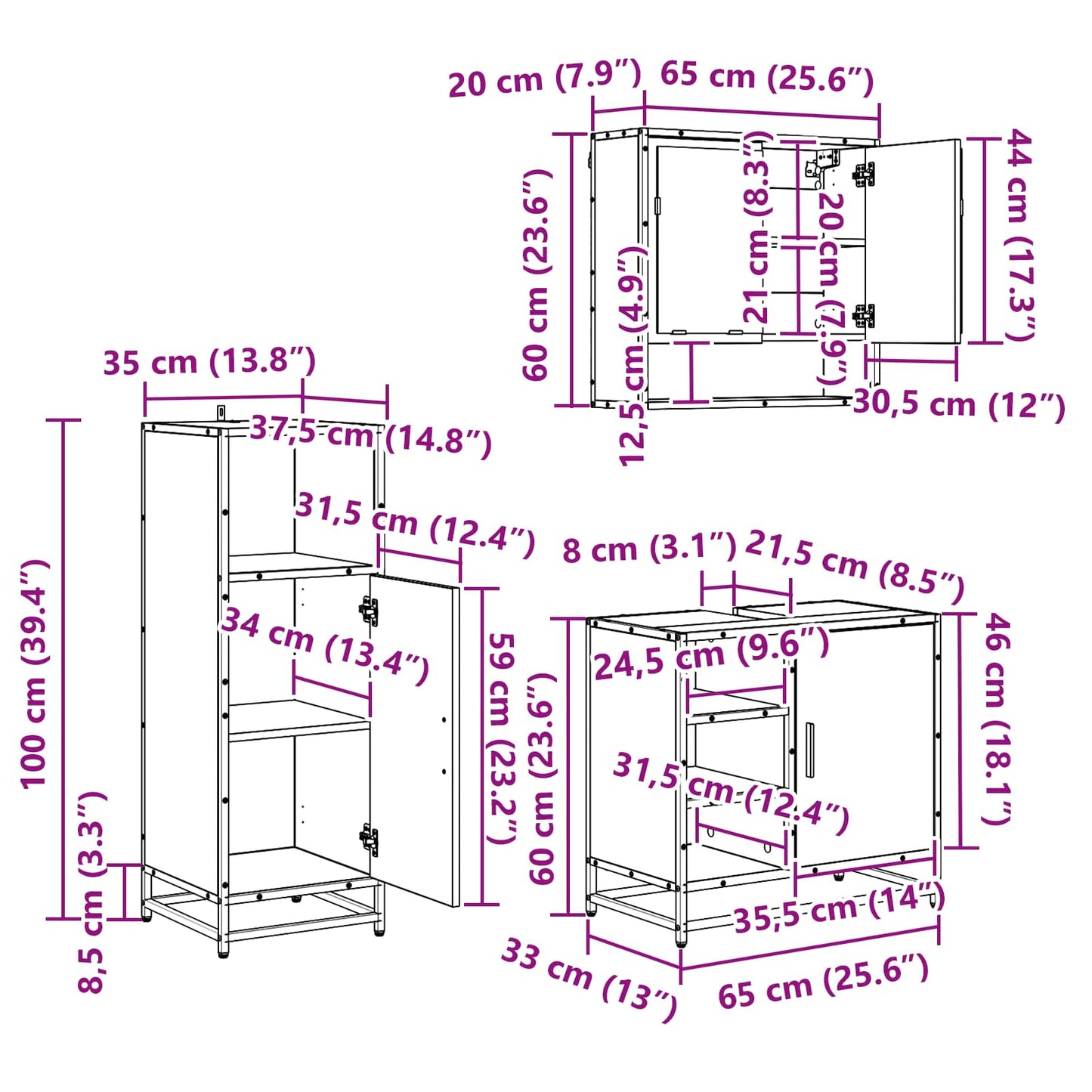 vidaXL Σετ Επίπλων Μπάνιου με ράφι 3 pcs Μαύρη Οξυά Επεξεργασμένο ξύλο