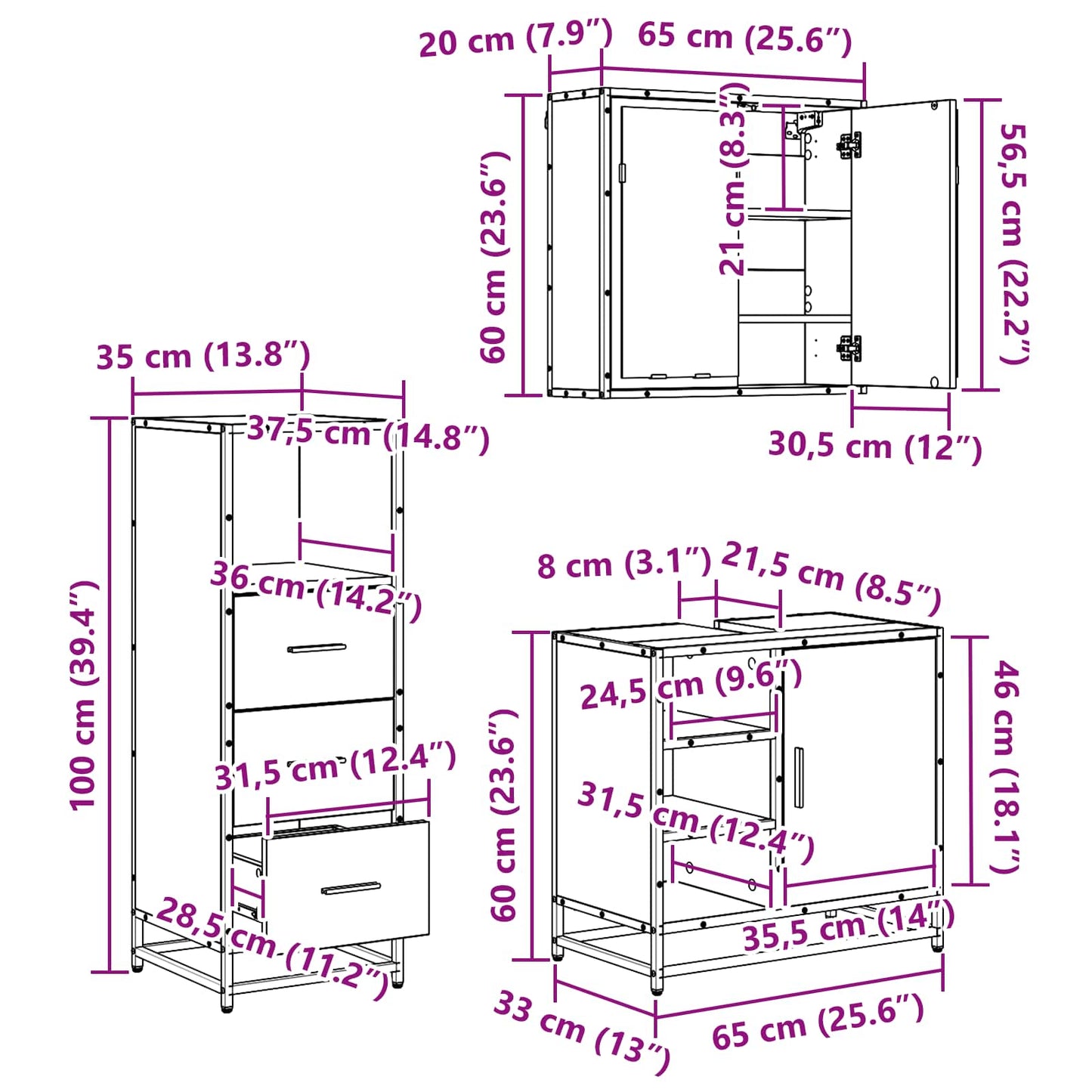 vidaXL Σετ Επίπλων Μπάνιου 3 τμχ. Μαύρη Οξυά 65 x 33 x 60 εκ
