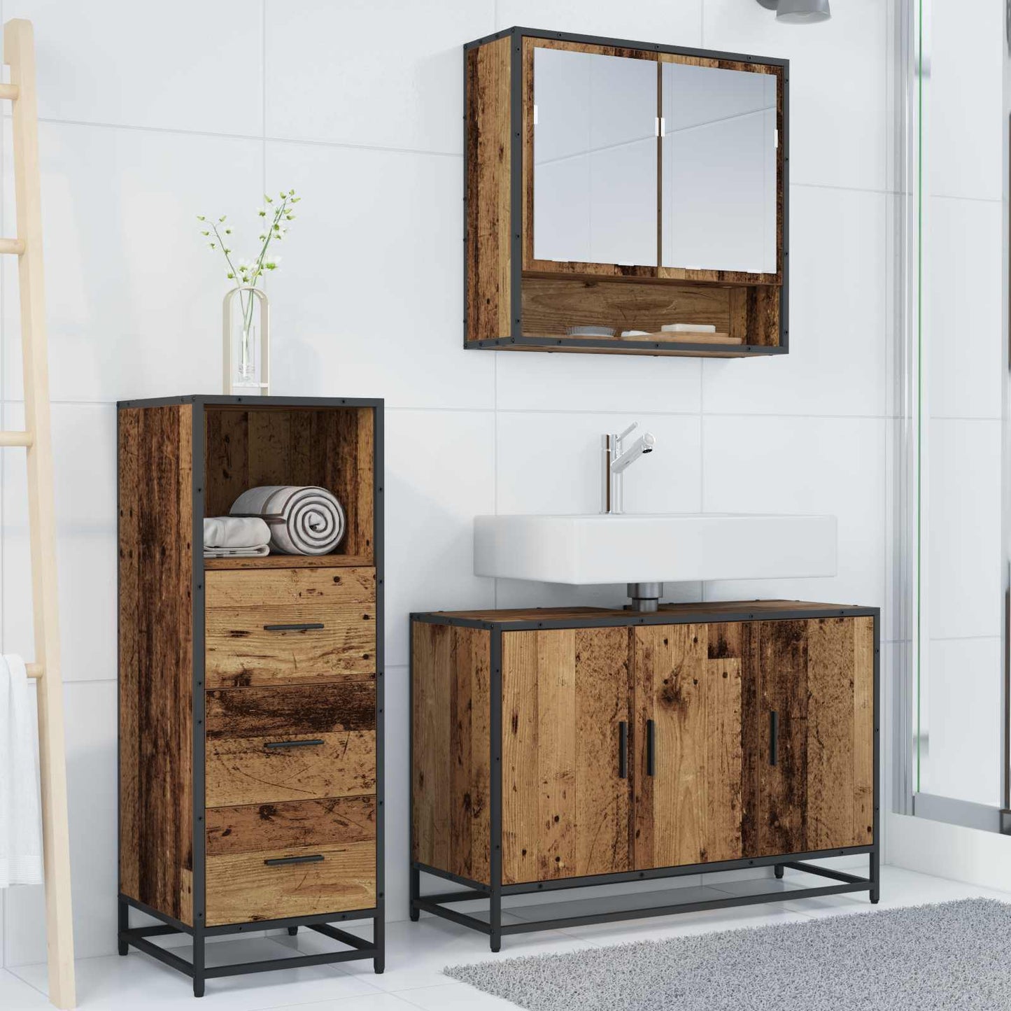 vidaXL Σετ Επίπλων Μπάνιου 3 τμχ. Παλιό Ξύλο 90 x 33 x 60 εκ.