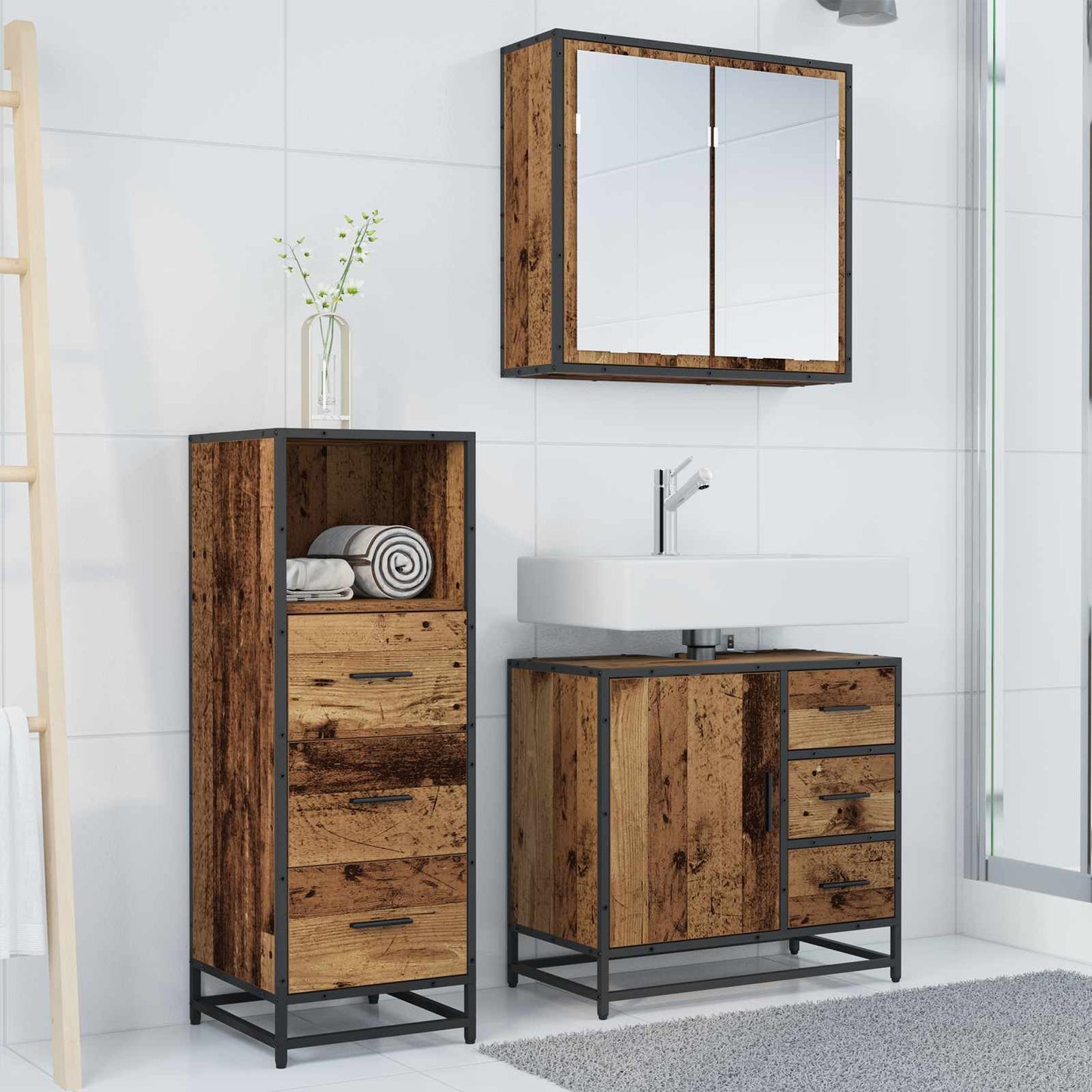 vidaXL Σετ Επίπλων Μπάνιου 3 τμχ. Παλιό Ξύλο 35 x 37,5 x 100 εκ.