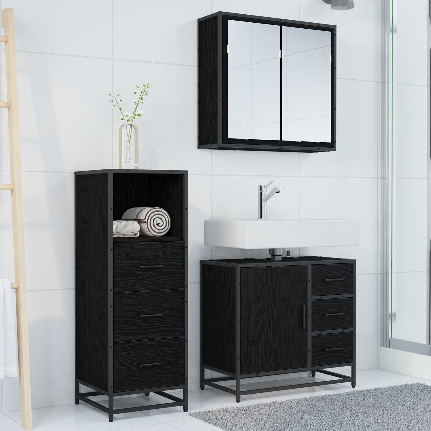 vidaXL Σετ Επίπλων Μπάνιου 3 τμχ. Μαύρη Οξυά 35 x 37,5 x 100 εκ.