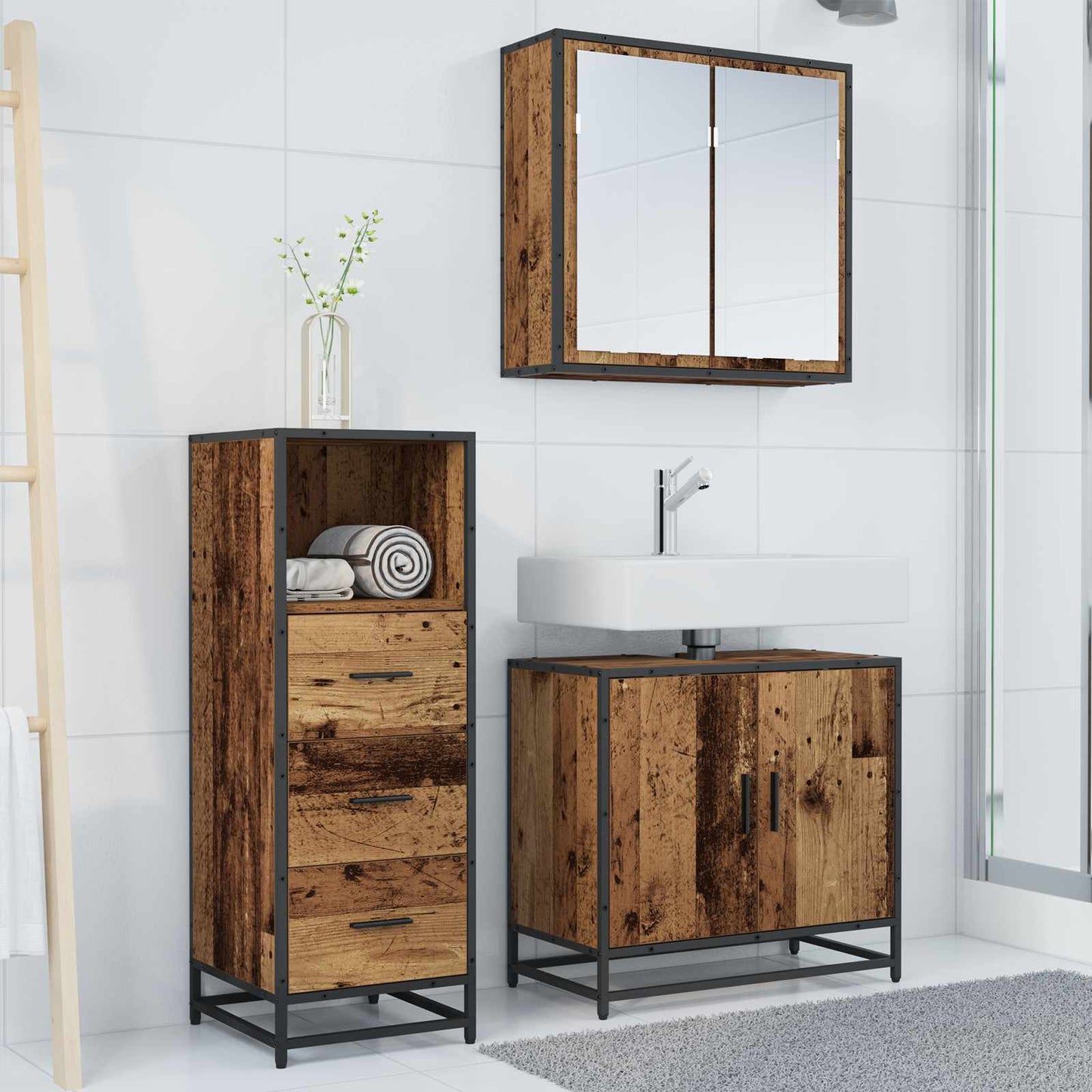 vidaXL Σετ Επίπλων Μπάνιου 3 τμχ. Παλιό Ξύλο 65 x 33 x 60 εκ