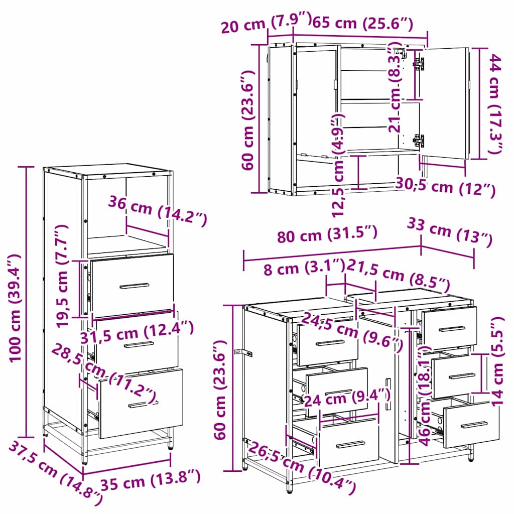 vidaXL Σετ Επίπλων Μπάνιου 3 τμχ. Παλιό Ξύλο 80 x 33 x 60 εκ