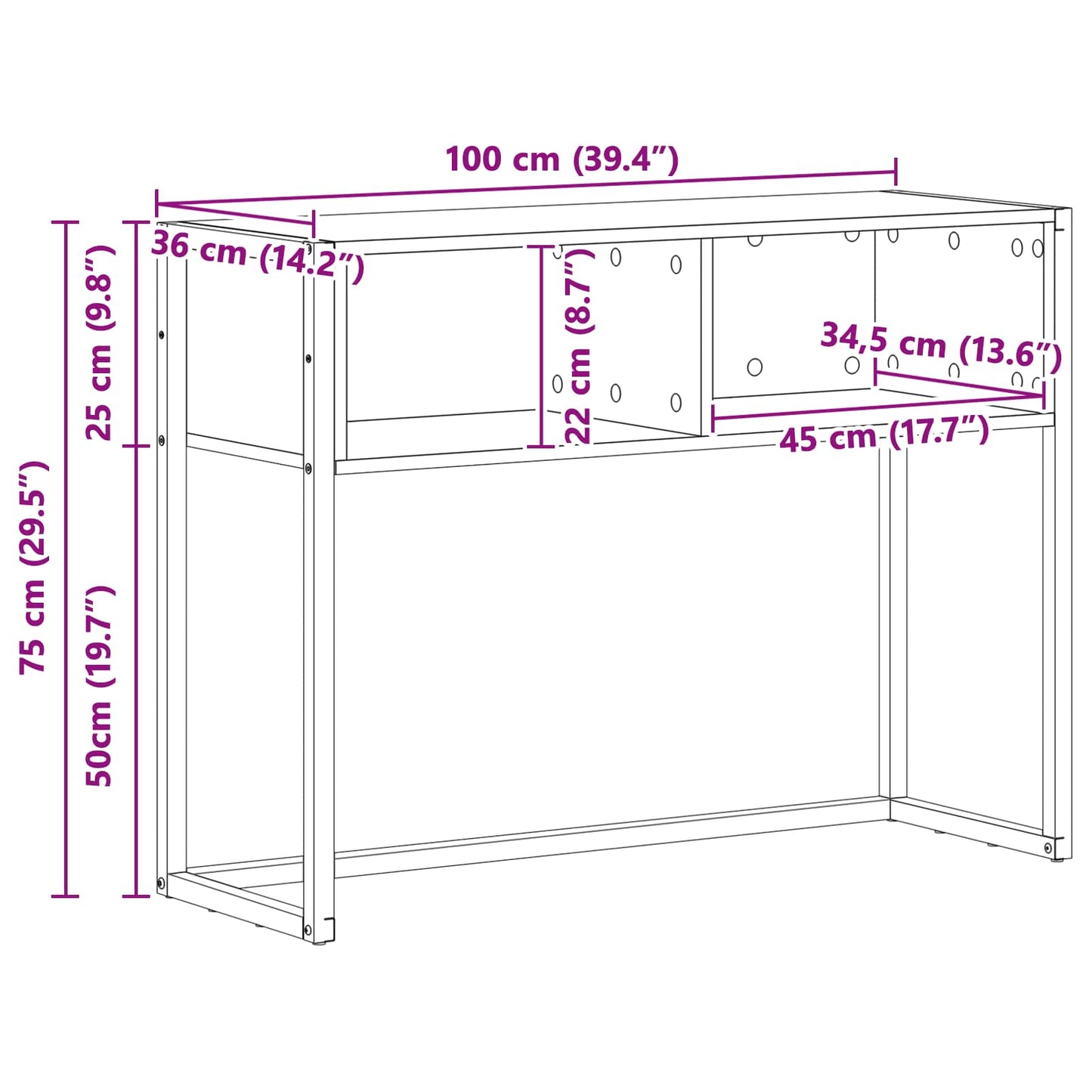vidaXL End Table Γκρίζο Σονομα 100 x 36 x 75 εκ. Επεξεργασμένο ξύλο