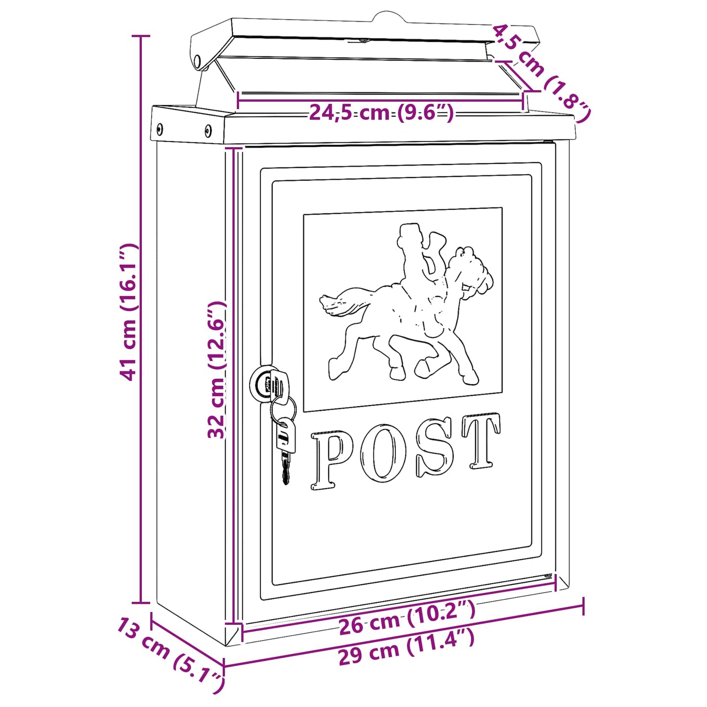 vidaXL Επιτοίχιος Ταχυδρομικός Κάδος με πόρτα Μαύρο 29 x 13 x 41 εκ.
