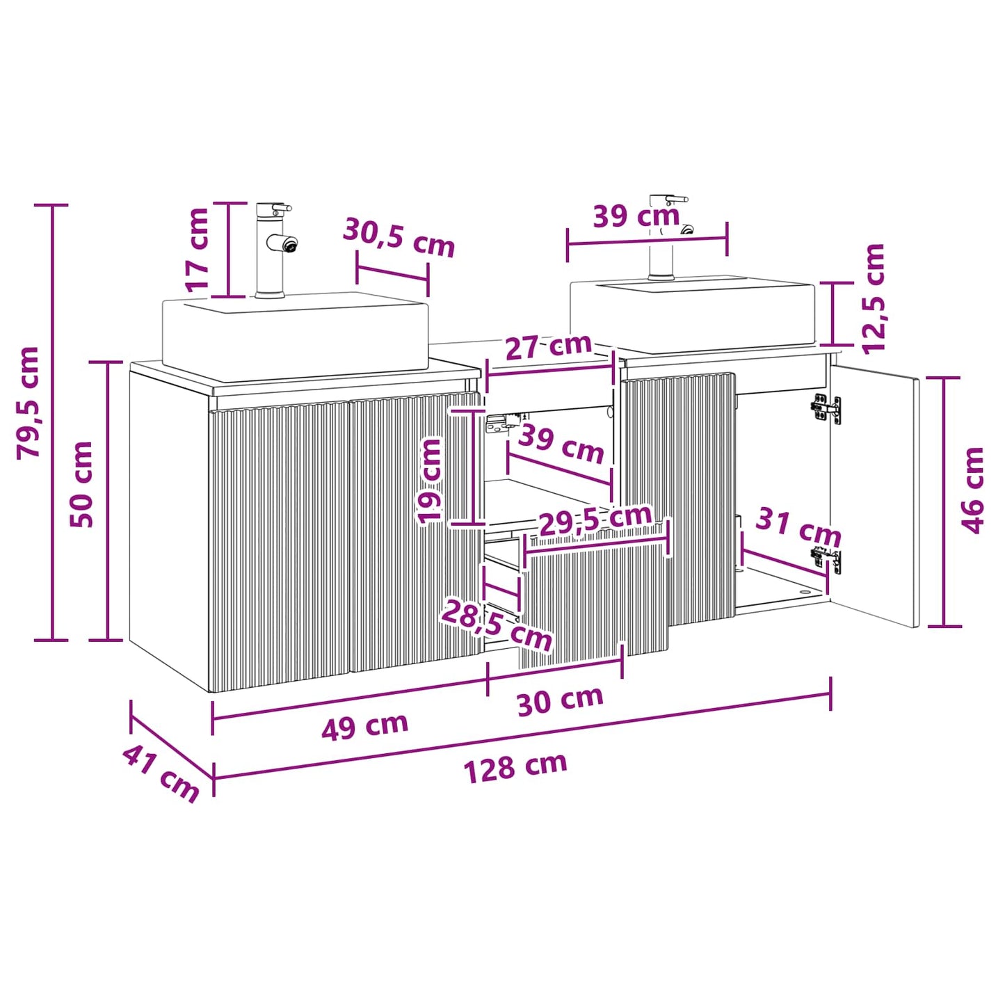 vidaXL Σετ Ντουλαπιών Μπάνιου 3 τμχ. Μαύρο 129 x 41 x 79.5 εκ.