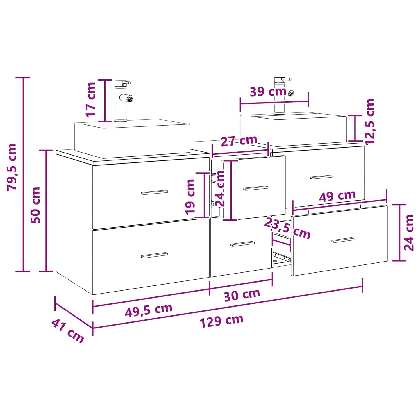 vidaXL Σετ Ντουλαπιών Μπάνιου 3 τμχ. Γκρι Sonoma 129 x 41 x 79,5 εκ.