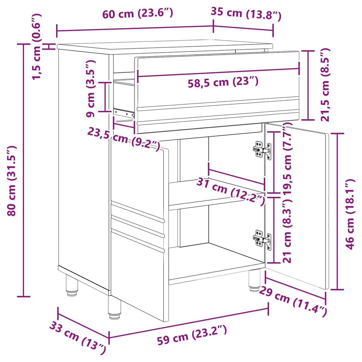 vidaXL Έπιπλο μπάνιου Μαύρο 60 x 35 x 80 εκ Επεξεργασμένο Ξύλο