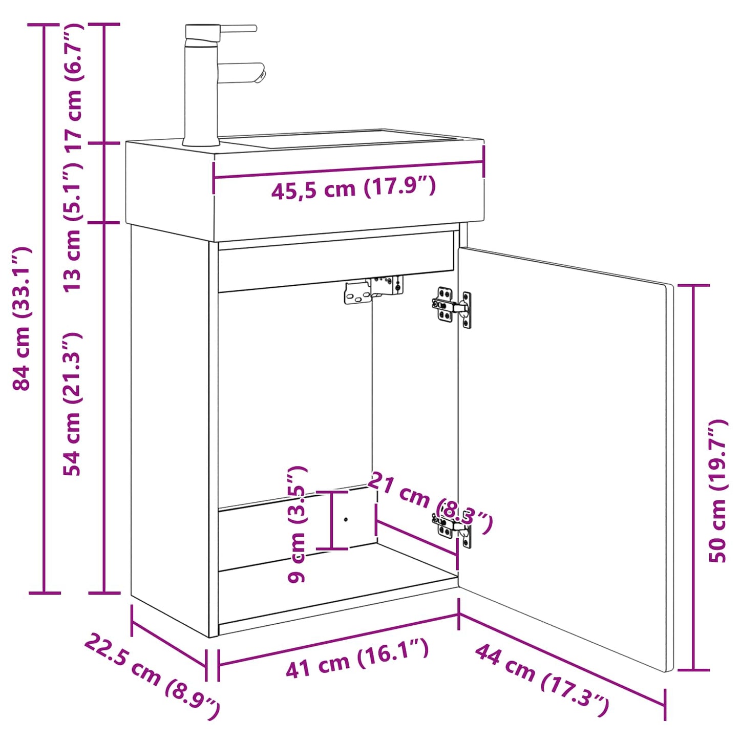 vidaXL Μονάδα μπάνιου με βρύση Γυαλιστερό Λευκό 45,5 x 22,5 x 84 εκ