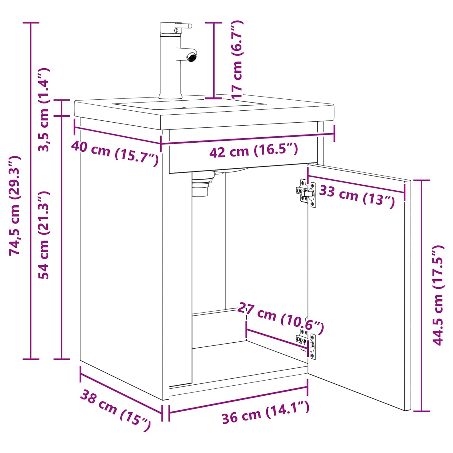 vidaXL Μονάδα μπάνιου με βρύση Μαύρη Δρυς 42 x 40 x 74,5 εκ