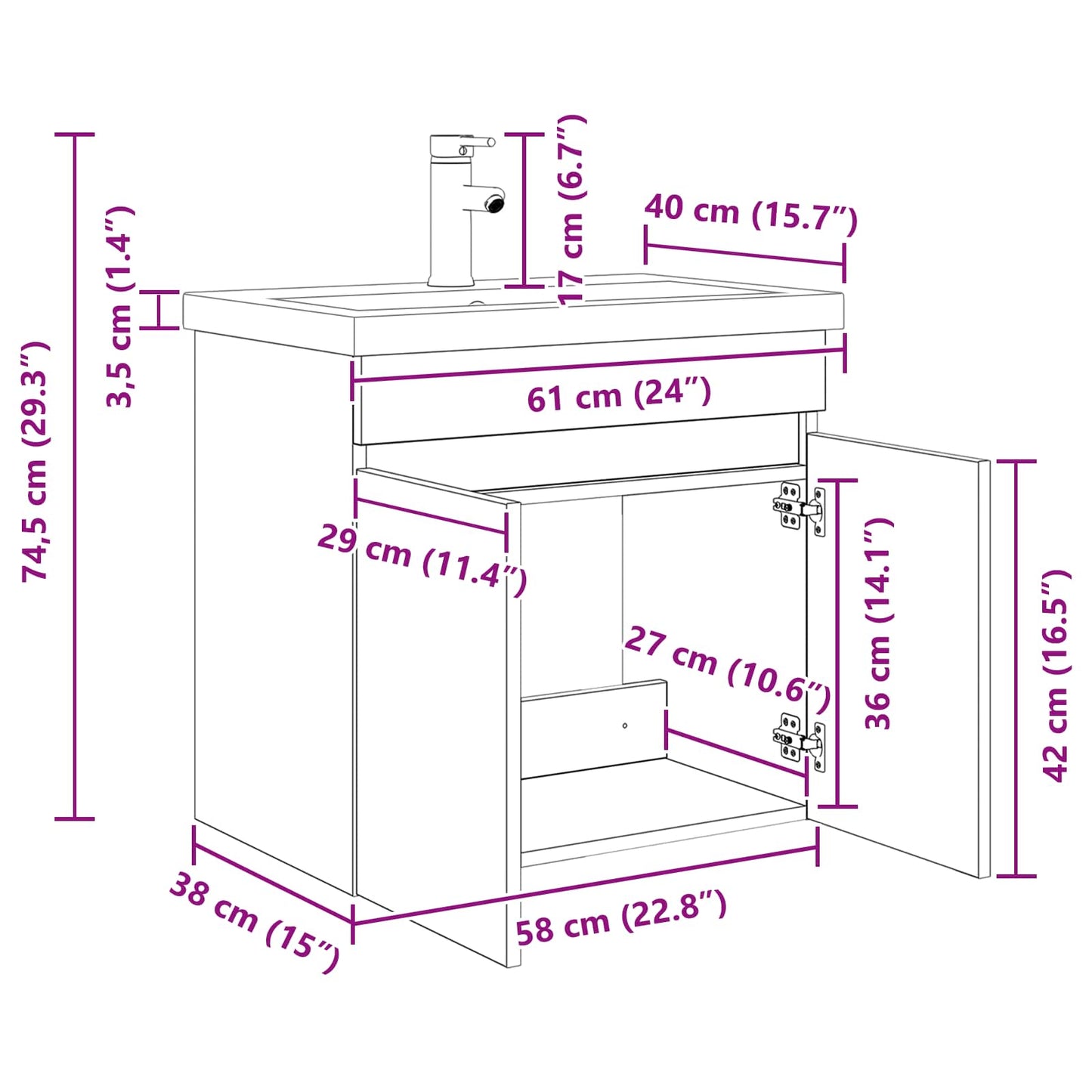 vidaXL Μονάδα μπάνιου με βρύση Sonoma Δρυς 61 x 40 x 74,5 εκ.
