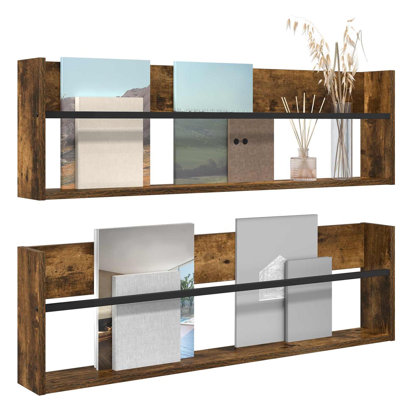 vidaXL Ράφι Περιοδικών με ράφι 2 pcs Καπνιστό Δρύς 100 x 12 x 30 εκ