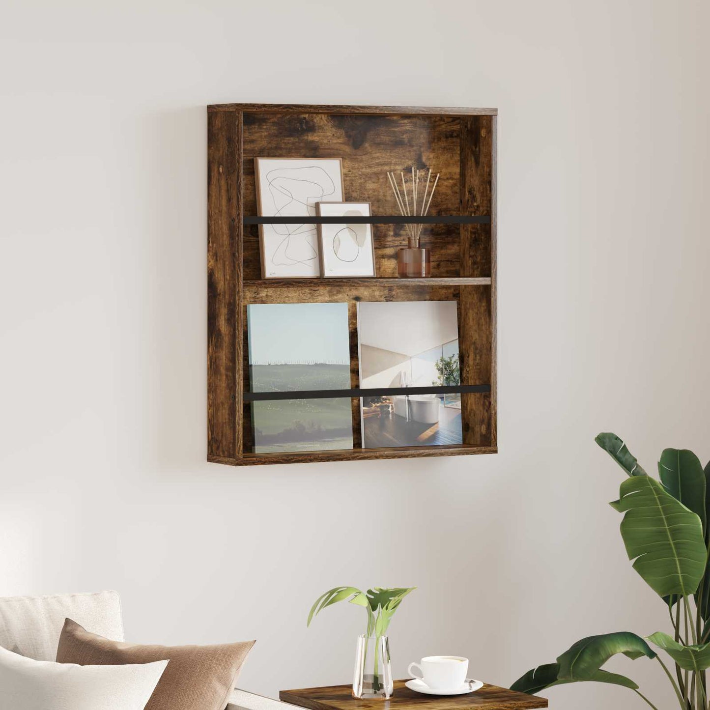 vidaXL Ράφι Περιοδικών με ράφι Επιτοίχιο Καπνιστό Δρύς 60 x 12 x 70 εκ