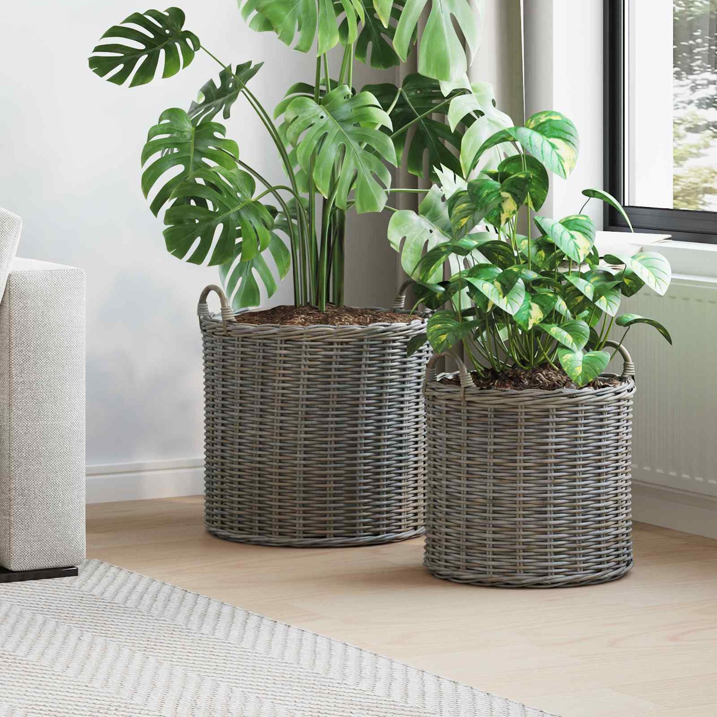 vidaXL Καλάθι Φυτών με αποθήκευση 2 pcs Γκρι Λάκακ Ράττανα