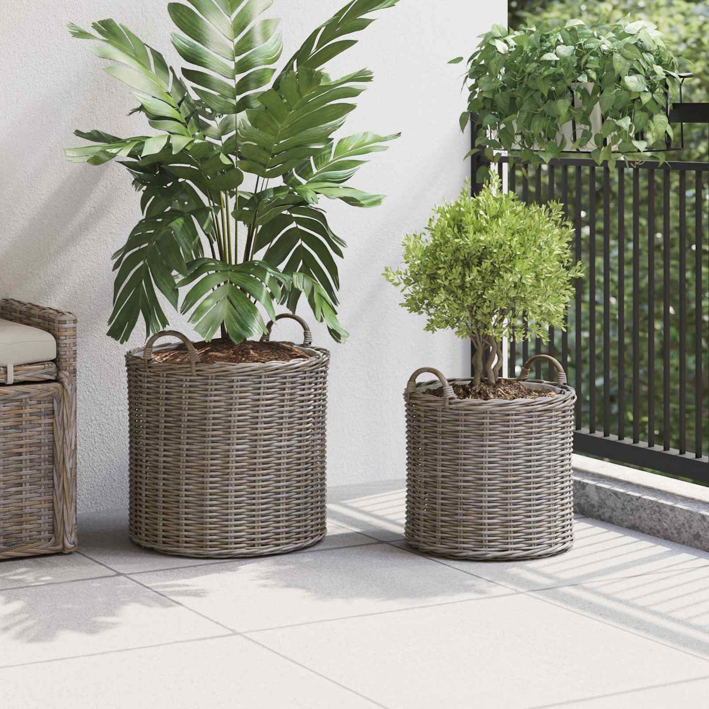 vidaXL Καλάθι Φυτών με αποθήκευση 2 pcs Γκρι Λάκακ Ράττανα