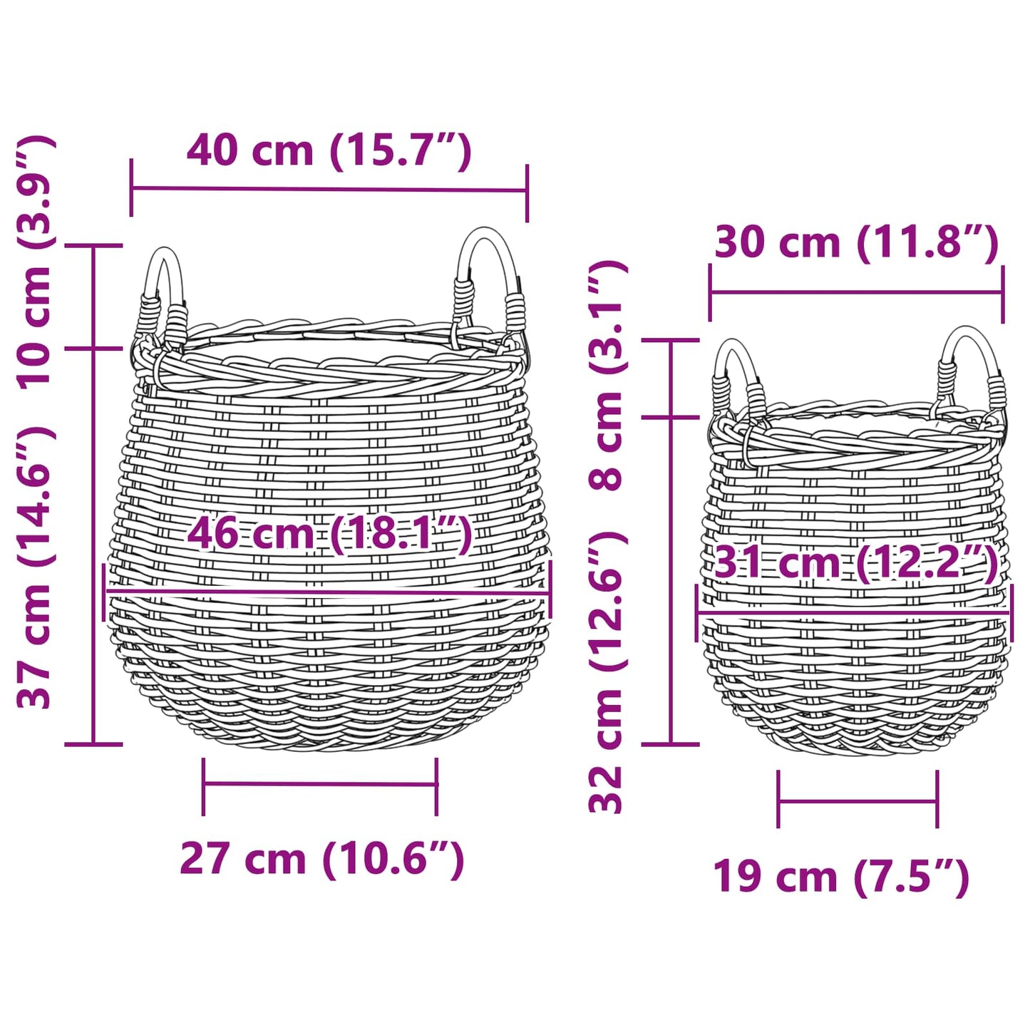 vidaXL Καλάθι Φυτών με αποθήκευση 2 pcs Γκρι Ράτταν Λατσάκ