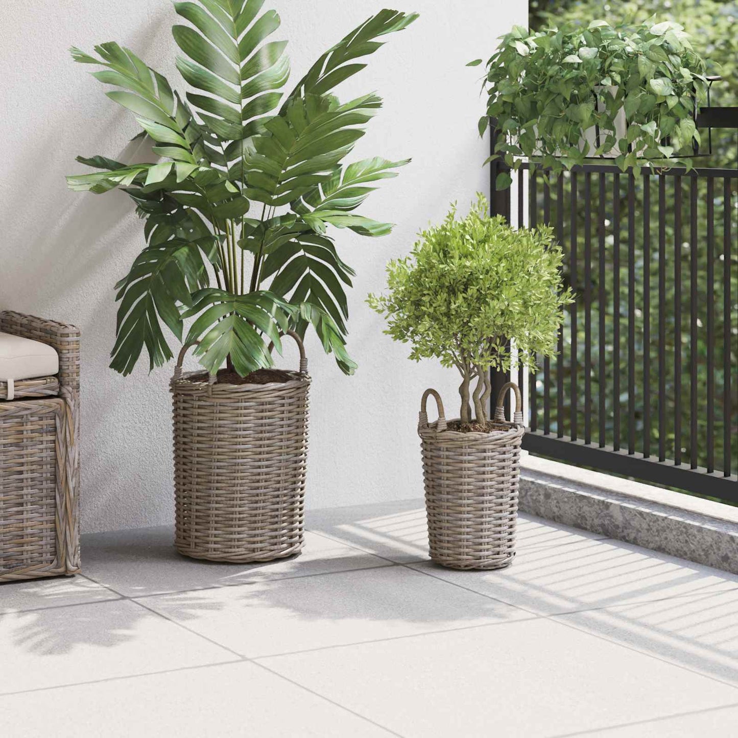 vidaXL Καλάθι Φυτευτή με αποθήκευση 2 pcs Γκρι Ρατάν Κούμπου