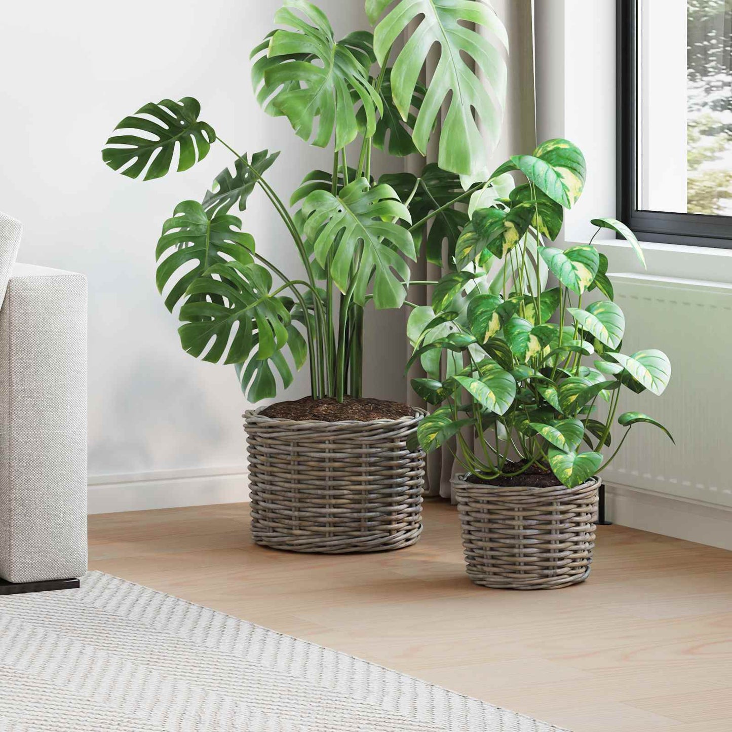 vidaXL Καλάθι Γλάστρας με αποθήκευση 2 pcs Γκρι Ρατάν Κούμπου