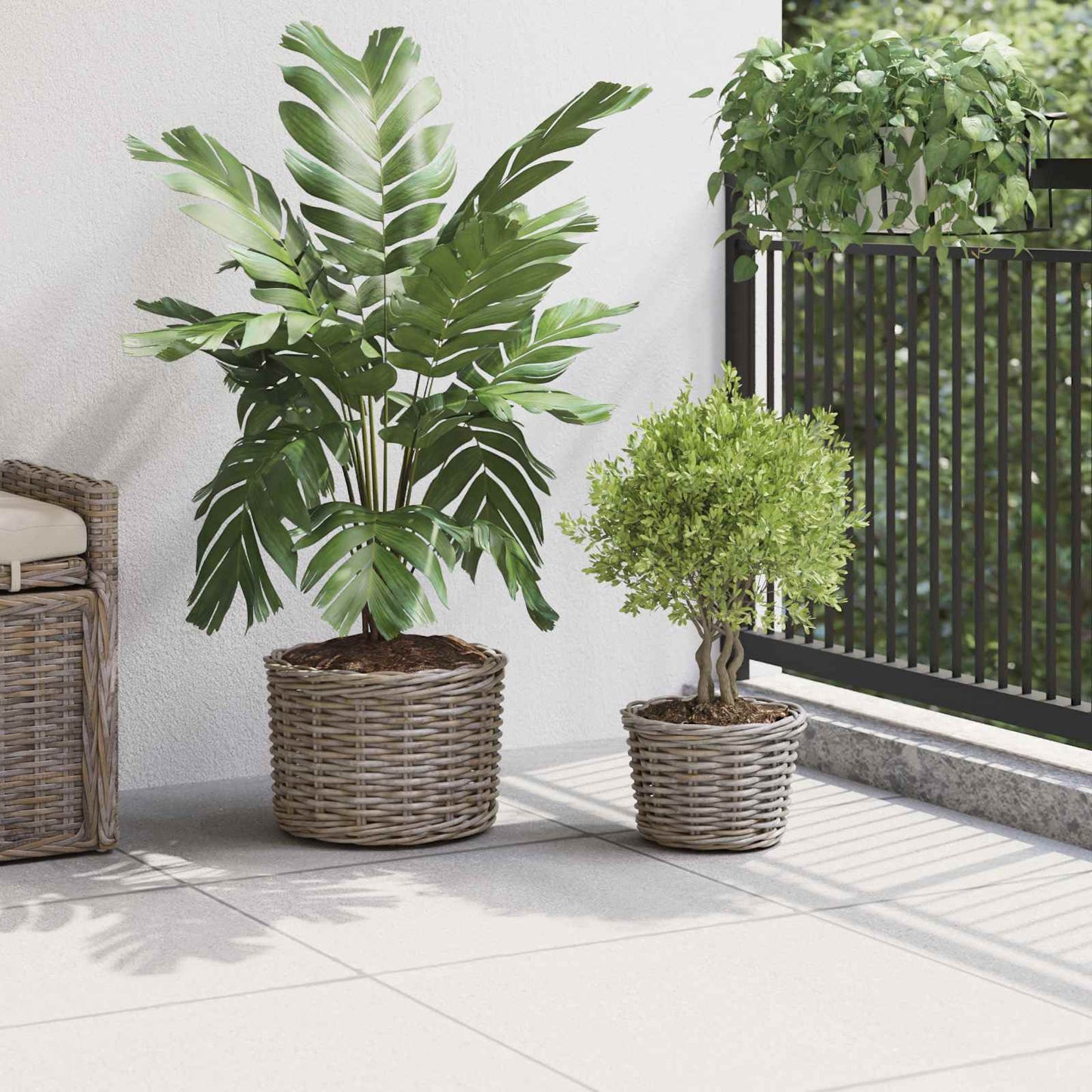 vidaXL Καλάθι Γλάστρας με αποθήκευση 2 pcs Γκρι Ρατάν Κούμπου