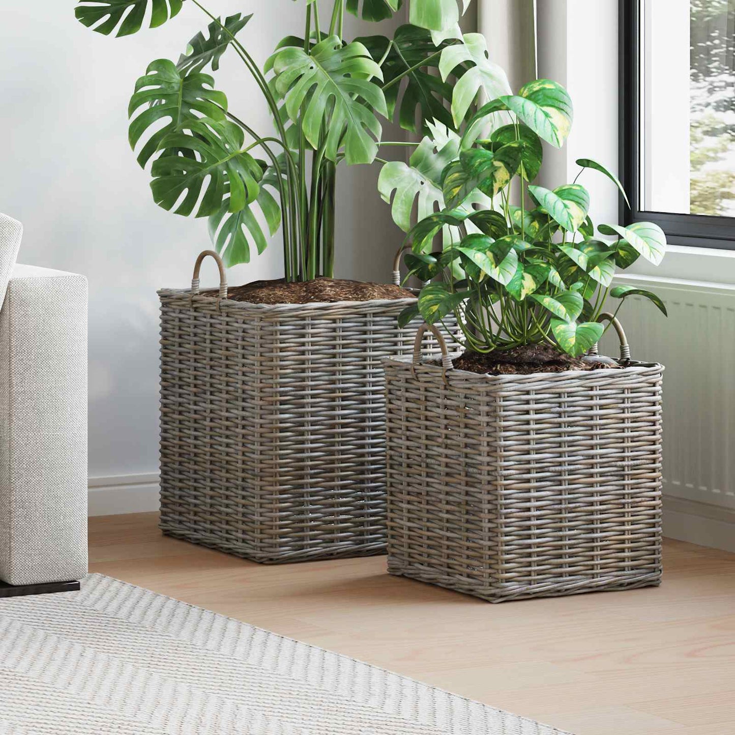 vidaXL Καλάθι Για Φυτά με αποθήκευση 2 pcs Γκρι Ράτταν Λατσάκ