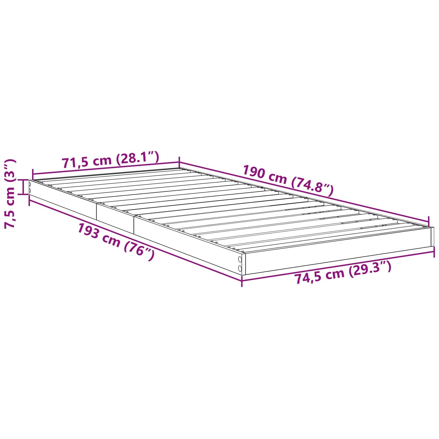 vidaXL Κρεβάτι δαπέδου Σονόμα 75 x 190 cm Επεξεργασμένο Ξύλο