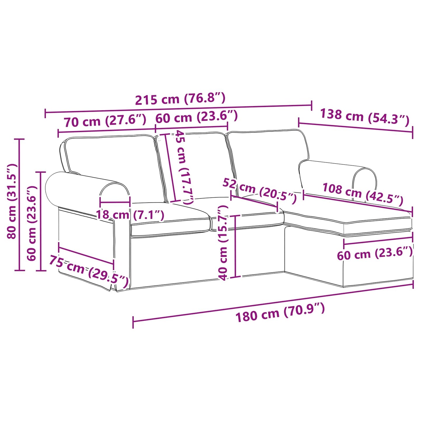 vidaXL Καναπές Κρεμ 215 x 138 x 80 εκ ύφασμα