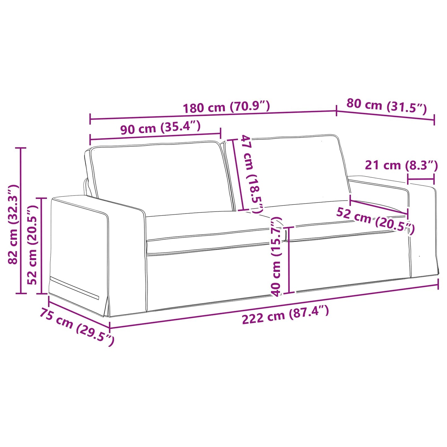 vidaXL Καναπές Κρεμ 222 x 80 x 82 εκ ύφασμα