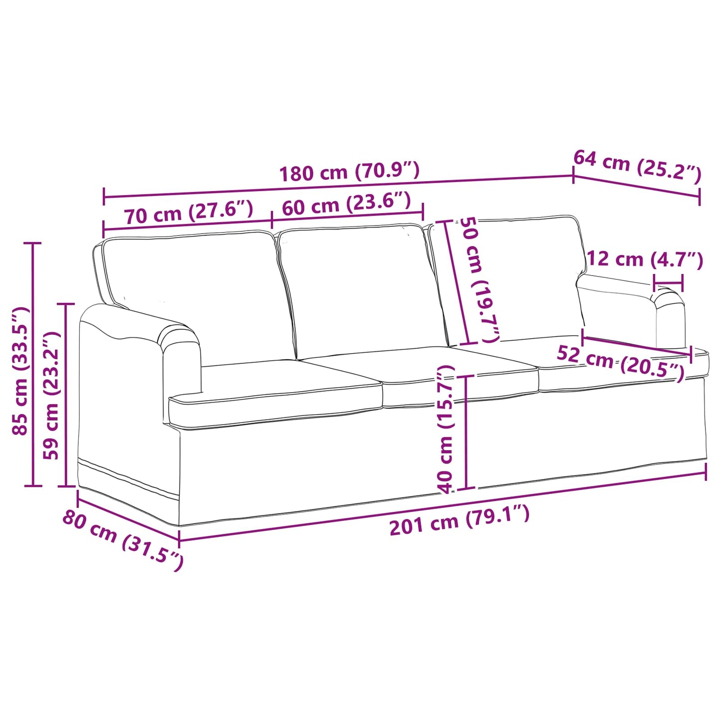 vidaXL Καναπές Σκούρο Γκρι 201 x 80 x 85 εκ ύφασμα