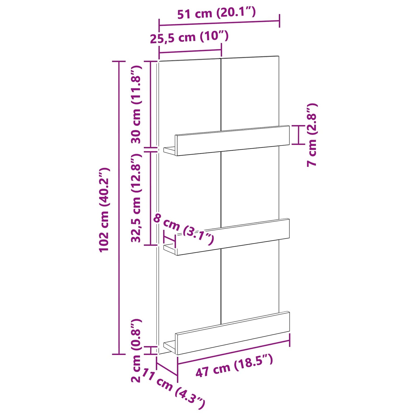 vidaXL Ράφι Περιοδικών με ράφι Σκυρόδεμα Γκρι 51 x 11 x 102 εκ